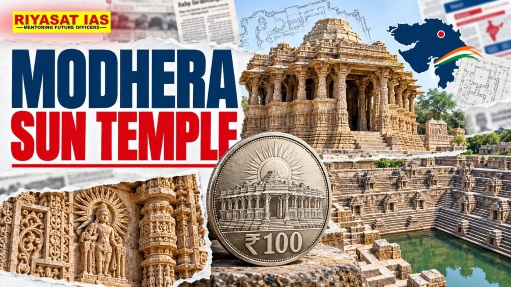 Location: Modhera village, Mehsana district, Gujarat. River: Situated on the bank of the Pushpavati River. Deity: Dedicated to Surya (Sun God). Builder/Period: Built after 1026–27 CE, during the reign of King Bhima I of the Chaulukya dynasty. Present status: No worship is offered today. Protection: Protected monument maintained by the Archaeological Survey of India (ASI). UNESCO: Inscribed as a UNESCO World Heritage Site in 2014. Architecture – Maru-Gurjara Style Also known as Chaulukya style. Temple complex has three major components: Gudhamandapa – shrine hall. Sabhamandapa – assembly hall. Kunda – stepped reservoir. The components are arranged along an east–west axis, reflecting the temple's association with the movement of the Sun. Sabhamandapa: Stands on 52 pillars. Pillars are associated with the 52 weeks of the year. Intricate carvings depict episodes from the Ramayana, Mahabharata and life of Krishna. Kunda (reservoir): Has steps leading to the bottom. Contains numerous small shrines. Solar alignment: Architectural planning allows sunlight to enter the main sanctum around the equinoxes. The temple's design demonstrates the integration of astronomy and architecture. Sculptures: Exterior walls are richly decorated with intricate carvings and sculptural motifs. Prelims Question Q. With reference to the Modhera Sun Temple, consider the following statements: It is located on the bank of the Pushpavati River. It was built during the reign of King Bhima I of the Chaulukya dynasty. Its architecture is associated with the Maru-Gurjara style. It is currently an active place of worship. Which of the statements given above are correct? (a) 1, 2 and 3 only (b) 1 and 4 only (c) 2, 3 and 4 only (d) 1, 2, 3 and 4 Answer: (a) 1, 2 and 3 only Explanation: Modhera Sun Temple is located in Gujarat on the Pushpavati River, was built during the reign of Chaulukya King Bhima I, and represents the Maru-Gurjara/Chaulukya architectural style. No worship is offered at the temple today.