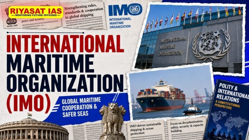 About IMO · The International Maritime Organization (IMO) is a specialised agency of the United Nations that provides the global regulatory framework for international shipping. Its work primarily focuses on maritime safety, maritime security, prevention of marine pollution, facilitation of international shipping and sustainable maritime transport. · The IMO Convention was adopted on 6 March 1948, and the organisation held its first meeting in January 1959. Its headquarters are located in London, United Kingdom. The IMO currently has 176 Member States and 3 Associate Members. India became a member in 1959. · The IMO operates through the Assembly, Council and specialised committees, with the Assembly serving as the highest governing body. The Council is the executive organ and consists of 40 Member States for the 2026–27 biennium. Objectives of IMO · The IMO aims to promote safe, secure and efficient international shipping by developing common international rules and standards for ships and maritime activities. · It seeks to prevent marine pollution caused by ships and promote environmentally sustainable practices in the maritime sector. · The organisation also works to facilitate international maritime traffic by harmonising procedures and reducing unnecessary administrative barriers. · The IMO supports developing countries through technical cooperation, capacity building and implementation assistance so that international maritime standards can be effectively applied across countries. Major Functions of IMO · Maritime Safety: The IMO develops international standards concerning the construction, equipment and operation of ships to protect human life and improve safety at sea. · Maritime Security: It develops international measures against piracy, armed robbery, terrorism and other unlawful acts threatening maritime navigation and port facilities. · Prevention of Marine Pollution: The organisation establishes international rules to prevent pollution of the marine environment by oil, chemicals, sewage, garbage and harmful substances discharged from ships. · Standards for Seafarers: The IMO establishes minimum international standards for the training, certification and watchkeeping of seafarers, particularly through the STCW Convention. · Navigation and Collision Prevention: The IMO develops common rules for safe navigation and prevention of collisions between vessels, including internationally recognised traffic separation schemes under COLREGs. · Search and Rescue: It develops international frameworks for coordinating maritime search-and-rescue operations and improving the safety of people at sea. · Facilitation of Maritime Traffic: The IMO works to simplify and harmonise procedures relating to international maritime traffic, port formalities, documentation and clearance procedures. · Climate Action and Decarbonisation: The IMO is developing measures to reduce greenhouse-gas emissions from international shipping and promote cleaner fuels, energy-efficient ships and a transition towards sustainable maritime transport. Major IMO Conventions · SOLAS, 1974: The International Convention for the Safety of Life at Sea (SOLAS), 1974 establishes minimum standards for the construction, equipment and operation of ships compatible with their safety. It is regarded as one of the most important international treaties concerning merchant-ship safety. · MARPOL, 1973/78: The International Convention for the Prevention of Pollution from Ships (MARPOL) is the principal international treaty dealing with the prevention of marine pollution caused by ships. It covers pollution from oil, chemicals, sewage, garbage and air emissions. · STCW, 1978: The International Convention on Standards of Training, Certification and Watchkeeping for Seafarers (STCW), 1978 establishes minimum international requirements for the training, certification and watchkeeping of seafarers. · COLREG, 1972: The Convention on the International Regulations for Preventing Collisions at Sea (COLREG), 1972 establishes international rules governing the conduct of vessels to prevent collisions at sea. · SAR Convention, 1979: The International Convention on Maritime Search and Rescue (SAR), 1979 establishes an international framework for cooperation and coordination in search-and-rescue operations at sea. · SUA Convention, 1988: The Convention for the Suppression of Unlawful Acts Against the Safety of Maritime Navigation (SUA), 1988 provides an international legal framework for addressing unlawful acts that threaten the safety of maritime navigation. · FAL Convention, 1965: The Convention on Facilitation of International Maritime Traffic (FAL), 1965 seeks to simplify and reduce unnecessary formalities, documentation and procedures associated with international maritime traffic. · Polar Code: The International Code for Ships Operating in Polar Waters, commonly known as the Polar Code, establishes mandatory requirements relating to ship design, equipment, operations, training, search and rescue and environmental protection in polar waters. It became mandatory through amendments to SOLAS and MARPOL from 1 January 2017. India and IMO · India has been an IMO Member since 1959 and is currently a member of the IMO Council for the 2026–27 biennium under Category B, which consists of States having a significant interest in international seaborne trade. · India's participation in the IMO is important because of its long coastline, large maritime trade, major ports, extensive merchant shipping interests and strategic location in the Indian Ocean. · India works with the IMO on issues concerning maritime safety, maritime security, seafarer standards, prevention of marine pollution, sustainable shipping and maritime connectivity. · India's position on the IMO Council also enables it to participate in shaping international maritime regulations and standards that directly affect its trade, ports, shipping industry and maritime security interests. · India's maritime interests are particularly connected with the security of major sea lanes in the Indian Ocean Region, as disruptions in maritime routes can affect India's trade, energy supplies and wider economic security. FAQs 1. When was IMO established? The IMO Convention was adopted in 1948, and the organisation began functioning with its first meeting in 1959. 2. How many members does IMO have? The IMO currently has 176 Member States and 3 Associate Members. 3. Where is IMO headquartered? The IMO headquarters are located in London, United Kingdom. 4. Which IMO convention deals with marine pollution? The MARPOL Convention is the principal international treaty dealing with pollution caused by ships. 5. What is India's current position in IMO? India is a Category B member of the IMO Council for 2026–27, representing States with a significant interest in international seaborne trade.